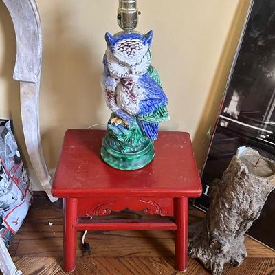 Vintage red stool and majolica owl clock