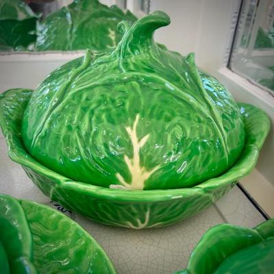 Italian green majolica cabbage covered bowls and platter