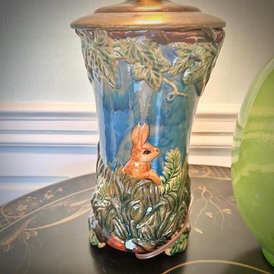 Second of two vintage majolica bunny lamps