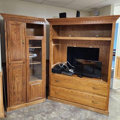 Entertainment center built for corner 7ft x 6 ft, has 3 sections