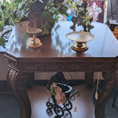 Lovely Carved Wood Anywhere Table.  Antique Miniature Baby Strollers.  2 Sizes.  Brass Metal Candle Holders
