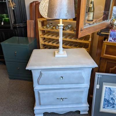 Lovely Solid Wood Table or Night Stand.  Refurbished with Crystal Handles.  Lovely Matching Lamp.