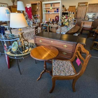 Fine Wood Furniture, Drop-Leaf Table, Glass Tables, Antique Dresser.  Set of 4 Maple Dining Chairs; if Interested Please let us know so...