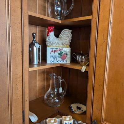 Kitchen Items.  Rooster Cookie Jar.  French Press.  Pitchers.  Cream and Sugar.  Salt and Pepper Shakers