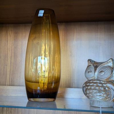 Tall Golden Glass Vase.  Crystal owl