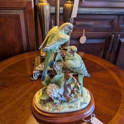 Stunning Large Porcelain Double Parakeet Statue with Wood Base