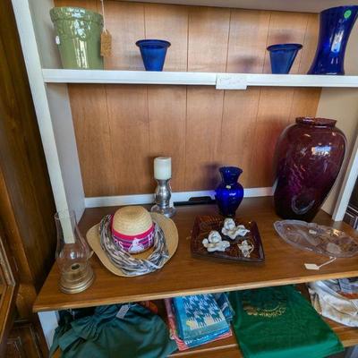Amethyst Tall Vase, Cobalt Blue Vases and Candle Holders, Angels, Scarfs, Hats and more.   Sitting on Beautiful Ethan Allen Computer Desk...