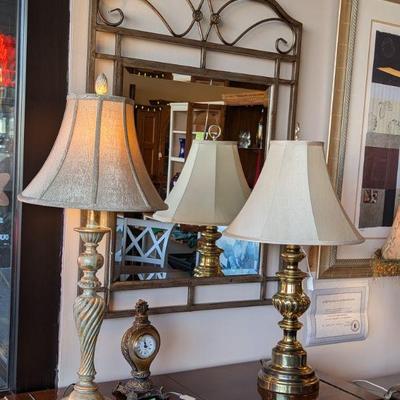 Stunning Heavy Lamps with Beautiful Silk Shades and Finials.   Gorgeous Wall Mirror with Heavy Metal Decorative Frame.  
