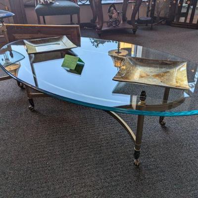 Just Stunning Modern Plated Gold Color Base Coffee Table with Heavy Glass Top.  Matching End Table also Available.  