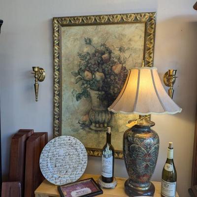 Large Floral Wall Artwork.  Brass Wall Sconces.  