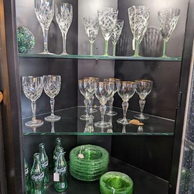 Antique Green Glass Plates and Goblets or Water Glasses.  Gold Rimmed Water or Beverage Glasses.  Crystal  Glasses. Coca -Cola Green...
