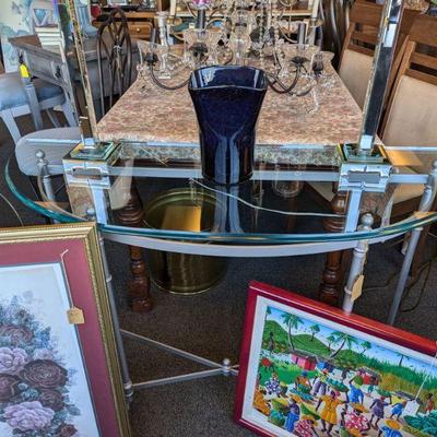 Artwork. Lovely Half-moon Glass top table.  Cobalt Blue Seeded Large Vase.  Pair of Stunning Modern Mirror Lamps.  Crystal Chandeliers