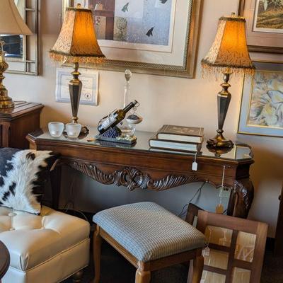 Console Table, Hassock, Stool, Cowhide Pillow, Pair of Lamps, Artwork and more