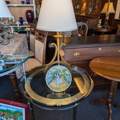 Lovely Round Ethan Allan Heavy Glass Top End Table or Foyer Table.  Heavy Iron Table Lamp.  Collector's Plate of  Dorothy in the...
