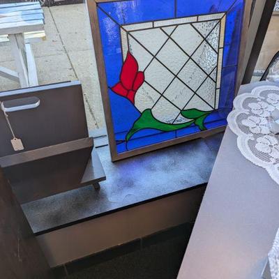 Large Stained Glass with chain for Hanging.   Gray Wood Newspaper Rack