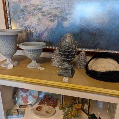 Metal Urns.  Decorative Acorns.  Vintage Style Woman's Feather Hat

