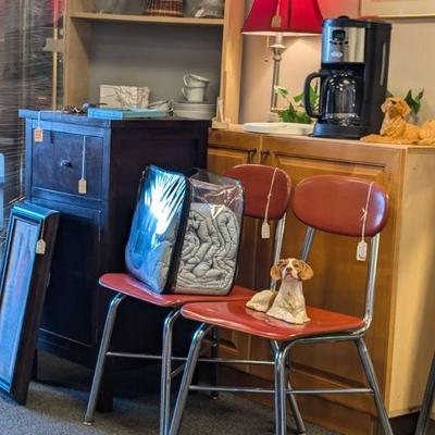Tall Cabinet, Sturdy Metal Dining Table or School Chairs.  Set of 4 Available.  Coffee Makers with timer, Beautiful Lamps, Dog Statues