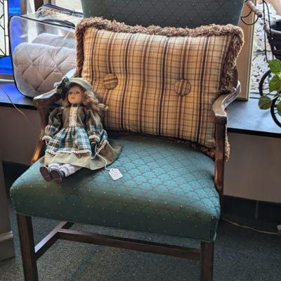 Sale Photo Thumbnail #89: Vintage Scottish Doll.  Lovely Solid Wood Upholstered  (Like New) Arm Chair.  Lovely High-Quality Fringed Plaid Decorator Pillow