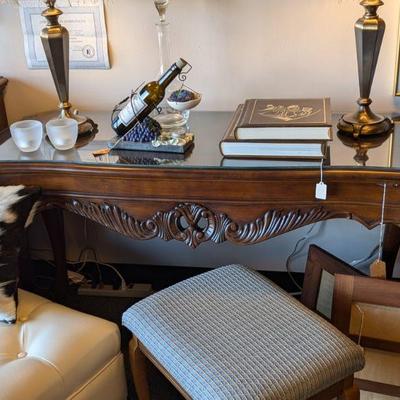 Stunning Console Table, Entry Table, Hall Table or Sofa Table with Carved Wood and Heavy Glass Top. Yankee Candle Candle Art.  Collector...