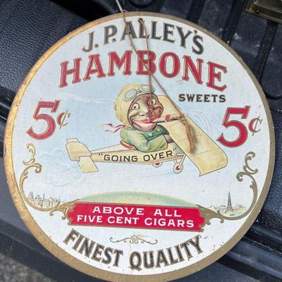 J.P. Alley’s Hambone Sweets Five Cent Cigars Two-Sided Advertisement Sign c. 1930...