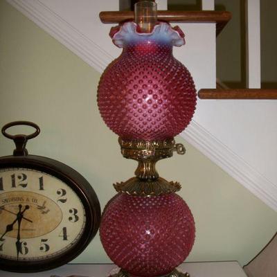 Vintage Fenton Glass "Gone with the Wind" Style Lamp in Cranberry Opalescent Hobnail .
