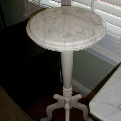 Antique/Vintage Painted White Wood Marble top Plant stand - 36in Tall