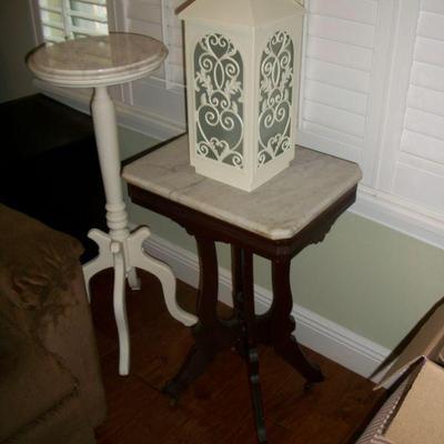 Antique/Vintage Wood with Marble top Side Table - 14in Deep x 17.5in Wide x 29in Height