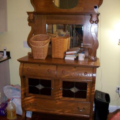 ***SOLD***Antique/Vintage Oak Sideboard/Buffet with Stained glass Doors. $500.00