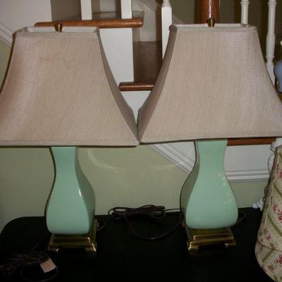 Sale Photo Thumbnail #59: Pair of Green Porcelain Lamps with brass base.