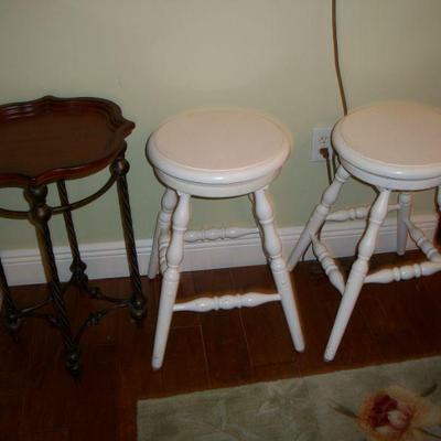 Metal Base Side Table with Wood Top. ; 2 - Vintage Painted White Wood Piano Stools.