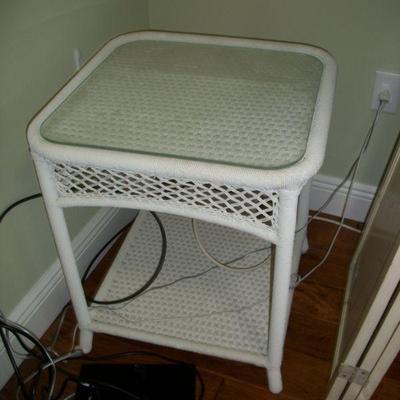 Modern White Wicker Glass top End Table.