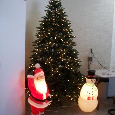 ***SOLD*** 7.5ft. Pre-lit Christmas Tree ; Vintage Made in USA Plastic Santa and Snowman.