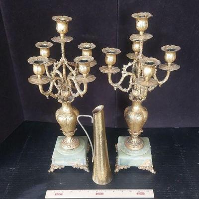 Brass Style and Jade Candelabra & Brass Vase