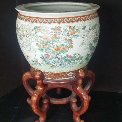 Antique Chinese Famille Verte Fishbowl with Wooden Stand