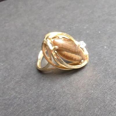 Vintage 14k Tigers Eye w/ Diamond Gold Ring 6 1/2
