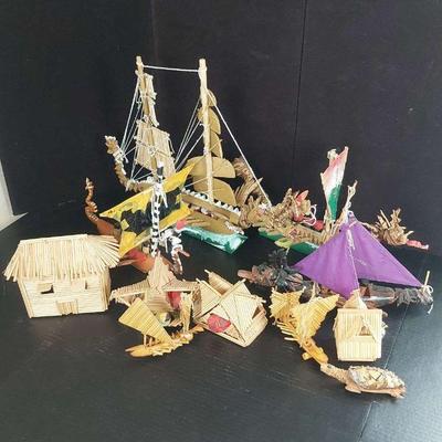 Handmade Folk Art Collection: Boats, Houses, and Figurines
