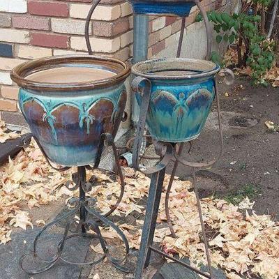 Vintage Wrought Iron Plant Stands and Ceramic Planters