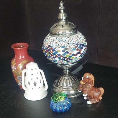 Vintage Decorative Items: Mosaic Lamp, Figurines, and Vase