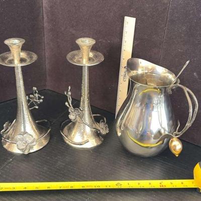 Michael Aram Silver-Plated Floral Candleholders and Pitcher Set
