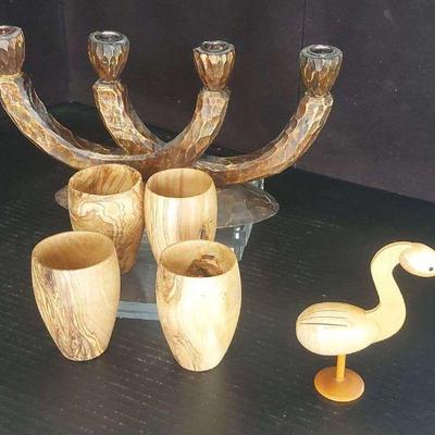 Vintage Wooden Candelabra and Olive Wood Cups Set
