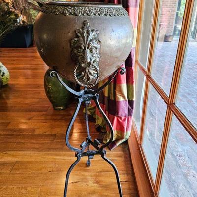 Antique bronze and brass planter on iron stand