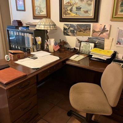 "L" shape desk/office chair/framed art