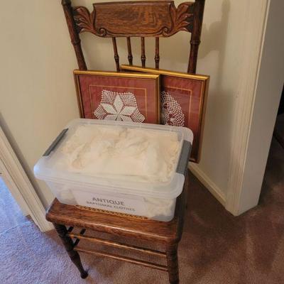 press back oak side chair, Victorian, lace