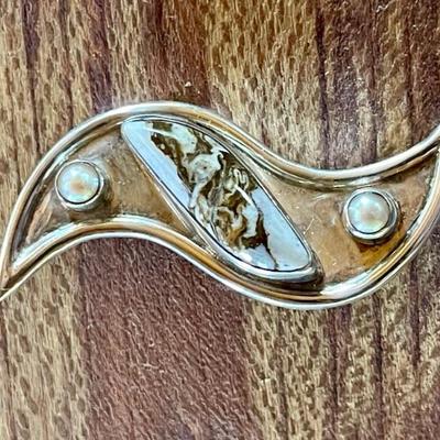 Sterling Silver - Fresh Water Pearl & Wildhorse Jasper Handmade Pendant - Total Weight - 11.25 Grams 