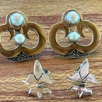 (2) Pairs Of Handmade Sterling Silver Post Earrings - (1) With Pearls - Total Weight 13.93 Grams 