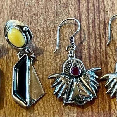 (2) Pairs Of Handmade Sterling Silver Earrings - Rubies - Black Onyx & Amber Cabochons -  21.7 Grams 