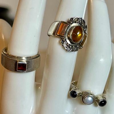 (3) Sterling Silver Rings - Citrine - Amber W 18K Gold -  Black Onyx & Pearls - Size 6 - 6.5 - Weight 16.38 Gr
