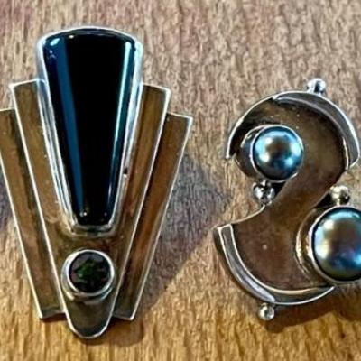 (2) Pairs Of Handmade Sterling Silver Earrings - Black Onyx - Rainbow Topaz & Grey Pearl  - 24.65 Grams 