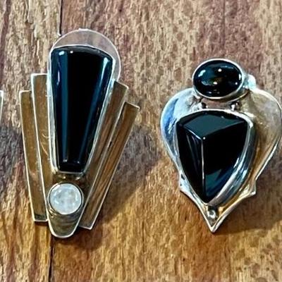 (2) Pairs Of Handmade Sterling Silver Earrings With Black Onyx  & Moonstone - Total Weight 25.95 Grams 