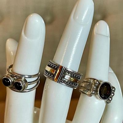 (3) Sterling Silver Rings - Black Onyx - Smoky Quartz Faceted Stone - Band W 18K Gold Accents - Size 4.75 - 5 